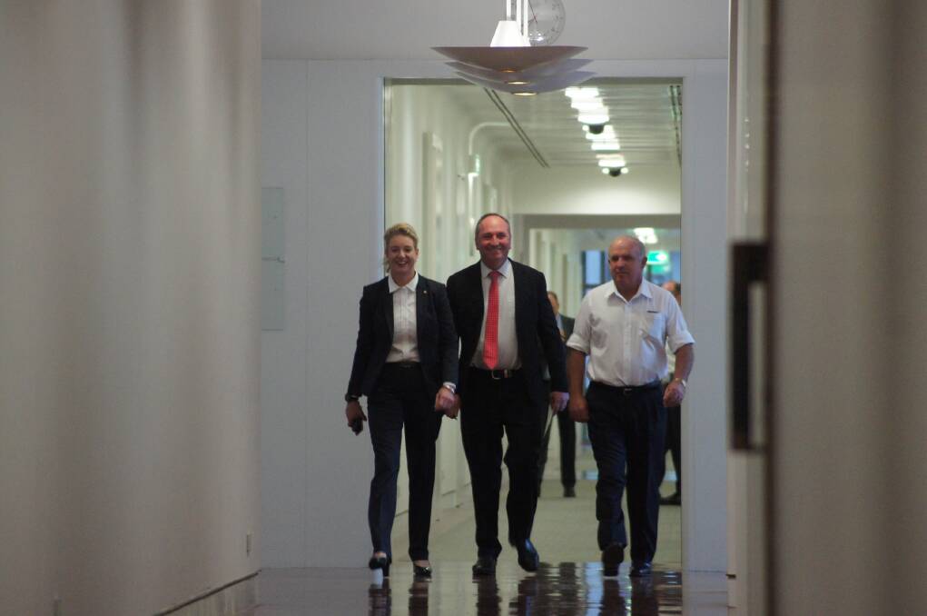 Barnaby Joyce (centre) with Nationals deputy-leader Bridget McKenzie and NSW Nationals Senator John “Wacka” Williams.