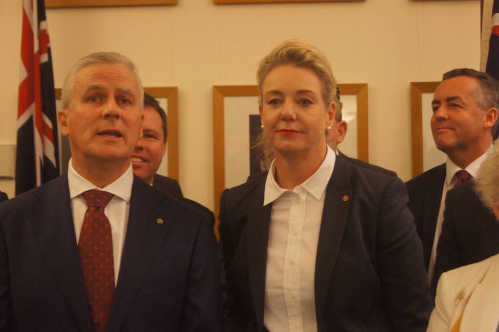 Nationals leader Michael McCormack (far left) and party deputy-leader Bridget McKenzie addressing the media, after he was appointed on Monday, in Canberra.