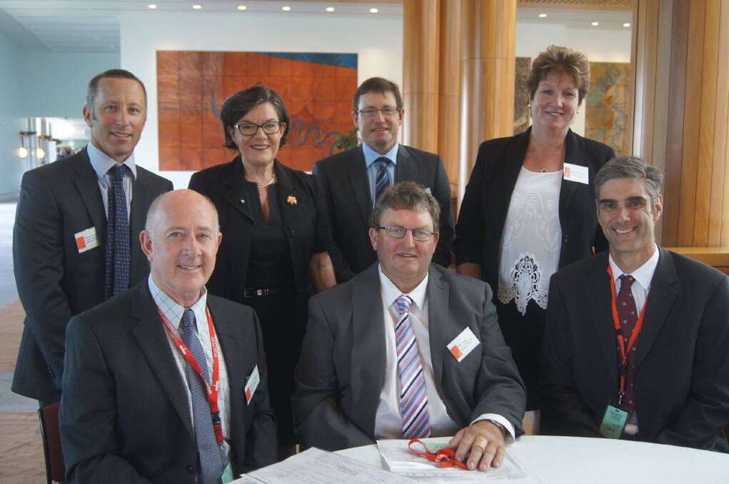 AVDPP Canberra delegation (rear) Stuart Crosthwaite, Cathy McGowan MP, Mayor of the Towong Shire David Wortmann and Karen Maroney (front) Patton Bridge (left), Pat Glass and Scott McKillop.