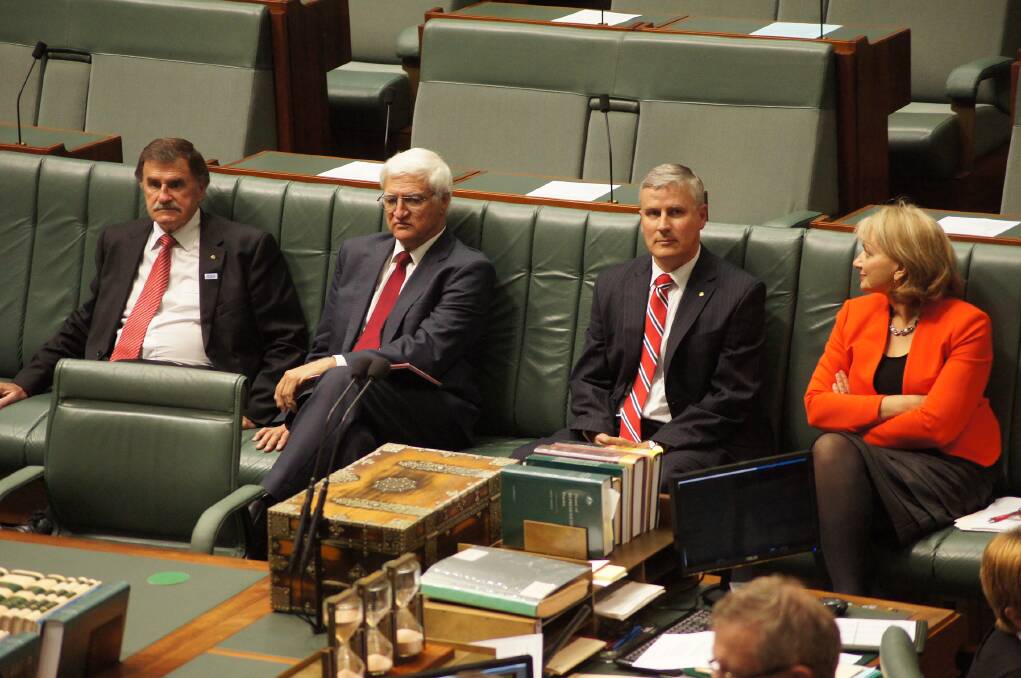 Former Liberal MP Alby Schultz (left), independent MP Bob Katter, Michael McCormack and former Liberal MP Sharman Stone voting for a disallowance motion on the Murray Darling Basin Plan in 2012.