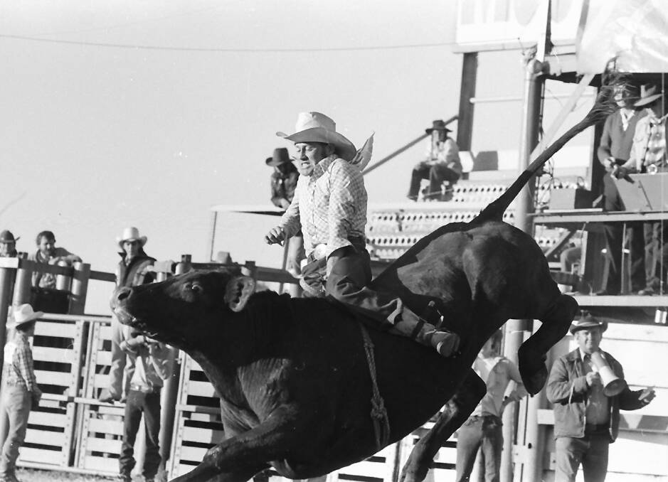 Battle: A Bull casts hois eye on the rider above him, circa 1970. Photo: Supplied