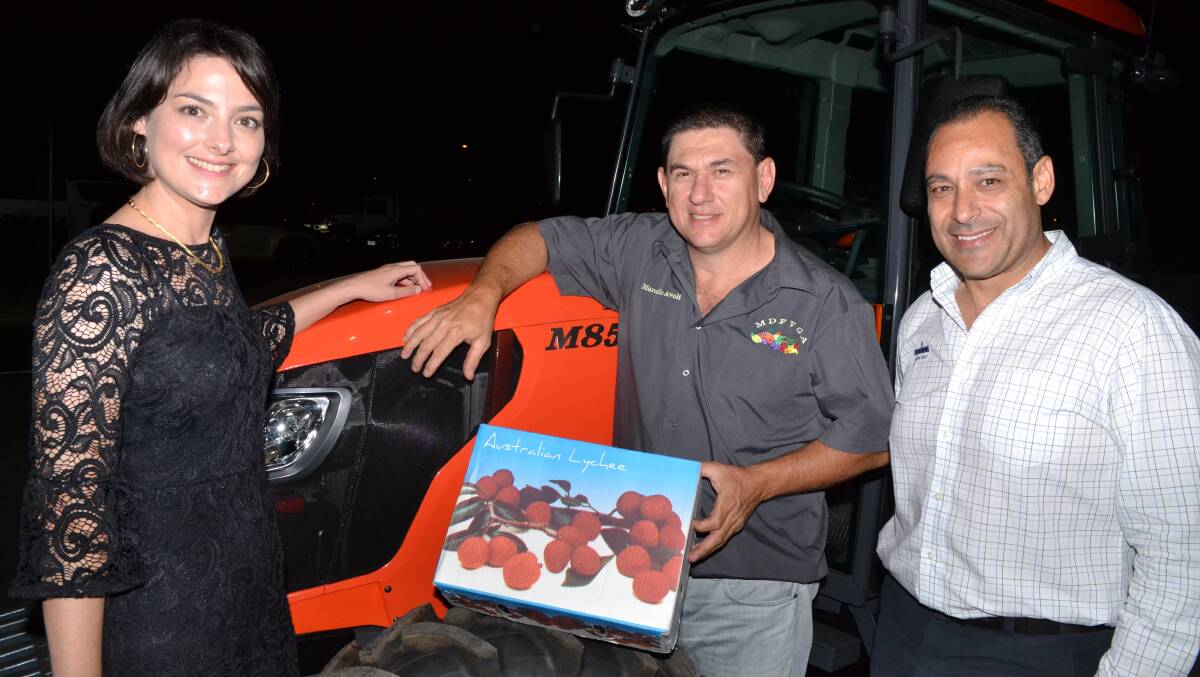 Katrina Avolio, Mareeba lychee farmer Marcello Avolio and Favco business manager John Nardi at the Mareeba District Fruit and Vegetable Industry dinner earlier this month.