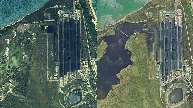 Satellite images of the Abbot Point coal terminal and neighbouring wetlands. Before Cyclone Debbie on the left and post-cyclone on the right. Photo supplied.