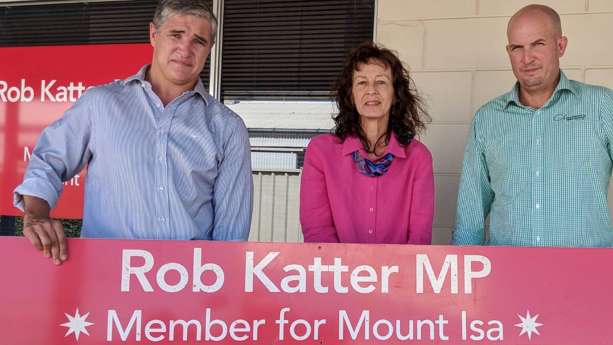 NO MORE: Robbie Katter MP (left) and Mayor Greg Campbell (right) with Cloncurry electoral officer Sarah Harvey, whose office will shut down February 23.