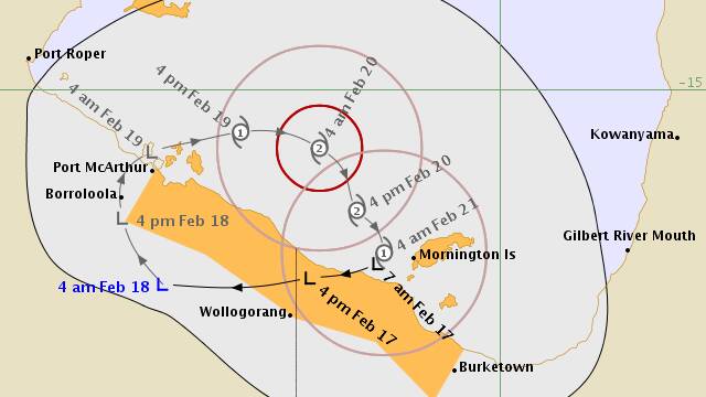 The latest weather map shows the tropical low between Mornington Island and Borroloola.