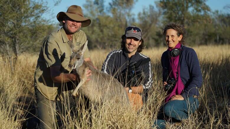 Filmmakers Michael McIntyre and Kate McIntyre Clere with Chris 'Kangaroo Dundee' Barns. Photo: Supplied