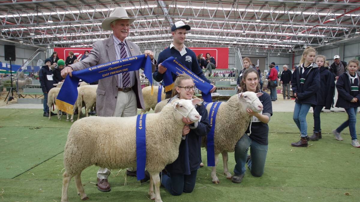 Holding the East Friesian Grand Champion ewe and ram were Lucy Bailey and Maya Watt, Tintern Grammar, supported by Gavin Wall, president ASSBA and judge Braydon Gilmore.