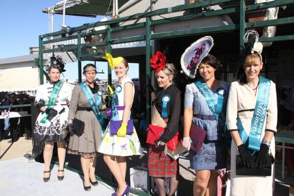 Fashion on the Field winners: Dressed Couple member Shannon Van Bael, Mare of the Meet, Shelley Davidson; Filly of the Field Suzzie Bolte; Overall winner Angie Lindsay; Leading Local Lady, May Elliott; Milinery, Karen Mitchell.