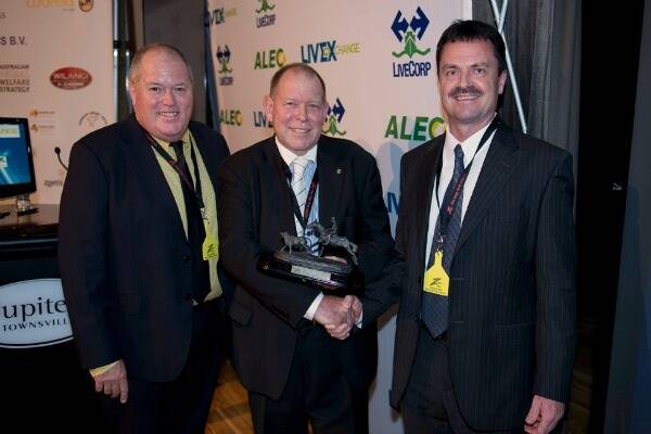 John received the Livestock Export Industry Lifetime Achievement Award in 2013.  Here, he is presented his award with Peter Watkins (left), AgAdvisory, and Livecorp Board Chairman David Galvin.