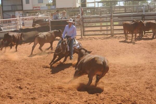 Narda Grover riding Celebrity in the camp during her run of the Futurity Final at the Boulia Easter Weekend.