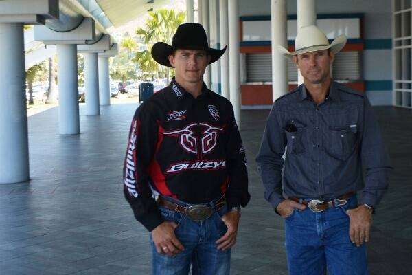 Four-time Australian PBR title winner Dave Kennedy and PBR Australia and former world champion Troy Dunn outside the Townsville Entertainment and Convention centre which will play host once again to the Troy Dunn Invitational bull ride on November 15. 
