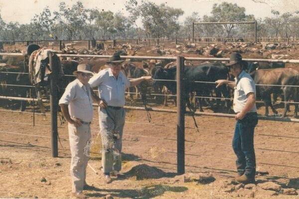 Peter Mc Cracken, Pastrol Inspector for Elsey Stn, Sid Parker and Barry after Sid had just bought slaughter steers for export to Malaysia.