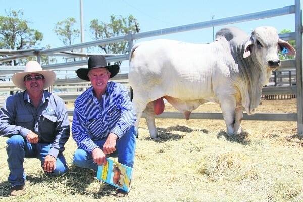 The Lancefield Brahmans invitation sale hit a top of $38,000 when Rodger Jefferies, Elrose Brahmans, Cloncurry selected 2AM Trinity from Andrew (left) and Anna McCamley’s 2AM sale team.