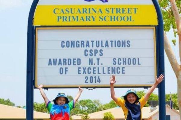 School captains Silvana Goldbach-Eggert and Joshua Halverson jump for joy after Casuarina Street Primary School was crowned the best in the Northern Territory on October 31.