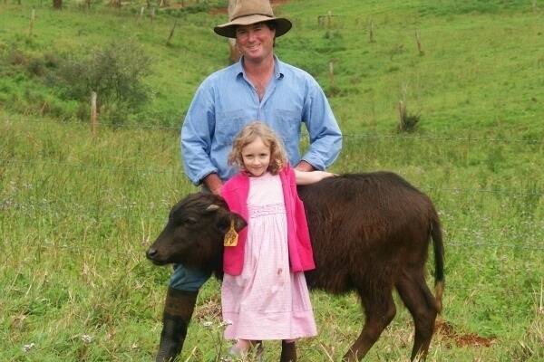 ‘Early days’: Mitch Humphries with daughter Georgina and one of the future members of the dairy buffalo herd. The buffalo dairy was the first established in Queensland and only the second in Australia at the time.