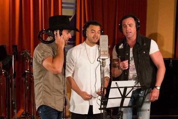 Lee Kernaghan, Guy Sebastian and Shannon Noll in the recording studio while creating the single ‘Spirit of the ANZACS’.