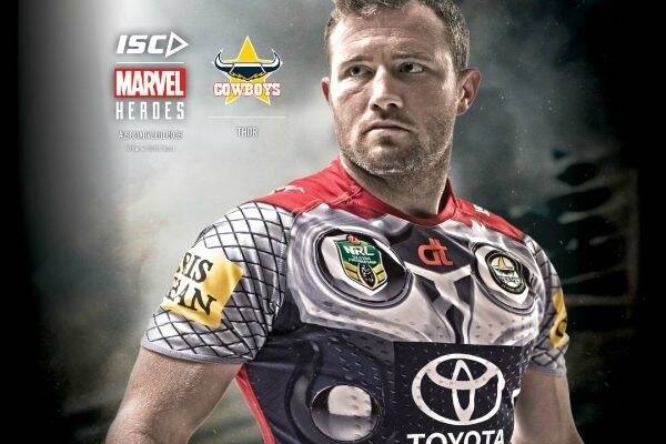 The Cowboys will be wearing specially created Thor-themed jerseys (modelled here by Gavin Cooper) for their clash with the Raiders tonight, who will be channelling The Hulk with their playing strip for the National Rugby League in ISC Marvel Super Heroes round.
