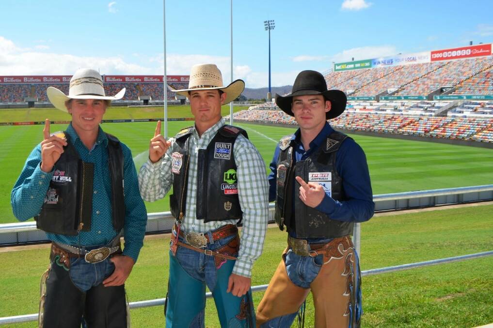 Pictured at the 1300SMILES Stadium during the filming of a PBR promotional campaign yesterday are Bowen’s Beau Willis, Proserpine’s Roy Dunn and Cody Heffernan from Singleton, NSW, who are all hungry for victory at the upcoming PBR Troy Dunn Invitational.