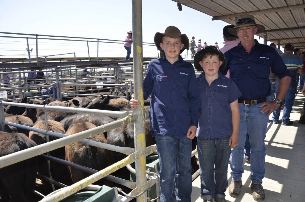 West Creek Partners' Mitchell McAnaney, Langhorne Creek, 11, his brother Ryan, 9, and father John were on hand to see their two pens of Angus steers make very good money. One pen of nine steers, weighing 296kg, made $1030 or $3.47/kg and another pen of 16, weighing 345kg, made $1080 or $3.13/kg.