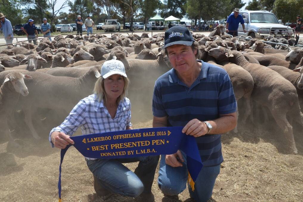 Dianne and David Farr, Pyap West, were awarded the Lameroo Breeders Association's best presented pen of ewes at the offshears sale last week.