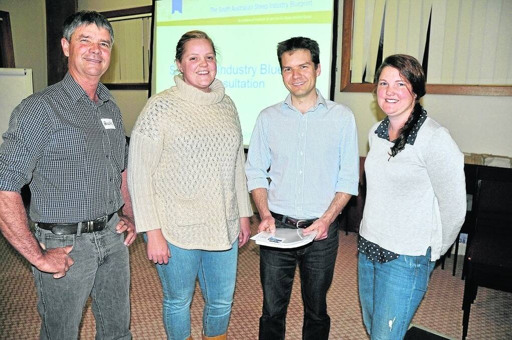 SA Sheep Industry Blueprint Plan chairman Allan Piggott (left) and Blueprint manager Steven Lee (second from right) with Meg Bell, Millicent, and Mandy Giles, Avenue Range, at the Lucindale workshop last week.