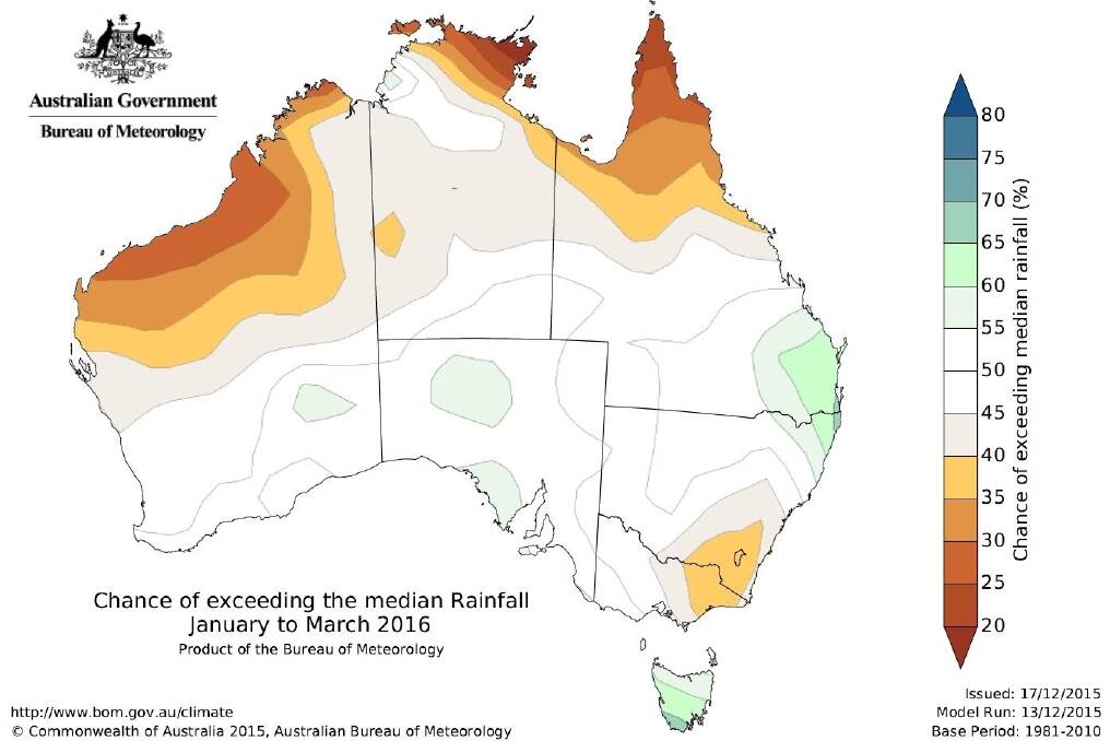 Chance of exceeding median rainfall for January to March 2016. Image: Bureau of Meteorology 