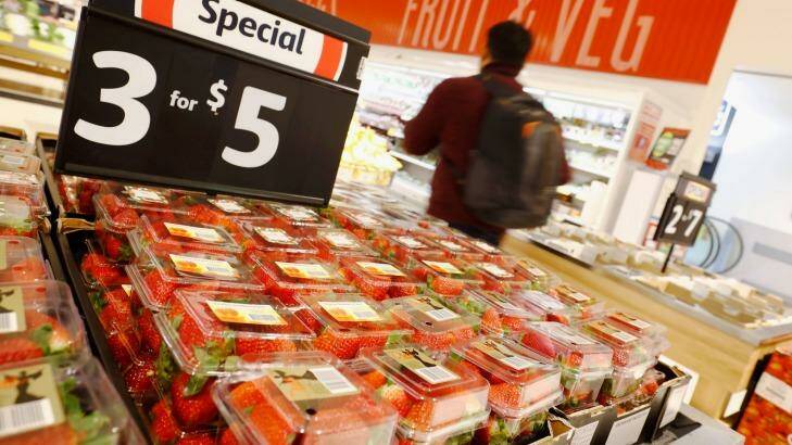 Strawberries for sale at a Coles store in Richmond, Melbourne, on Monday.  Photo: Darrian Traynor