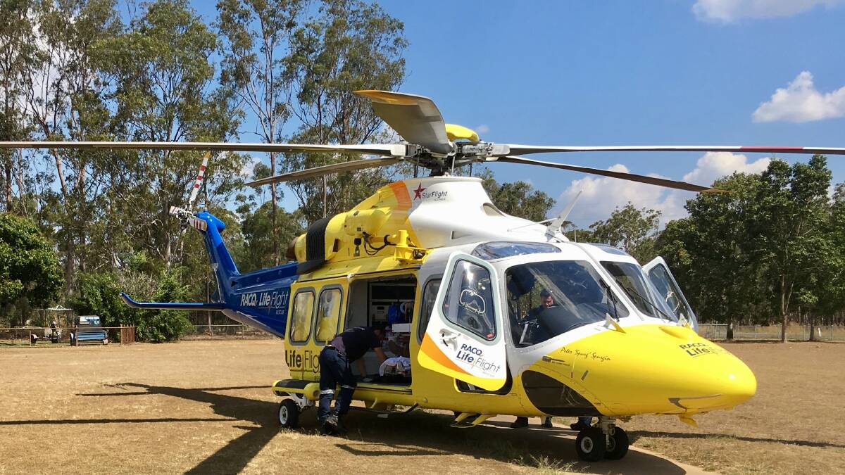 The RACQ LifeFlight Rescue airlifted a man after he suffered a heart attack during a ride-on lawn mower racing competition near Bullyard. Photo - RACQ LifeFlight Rescue. 