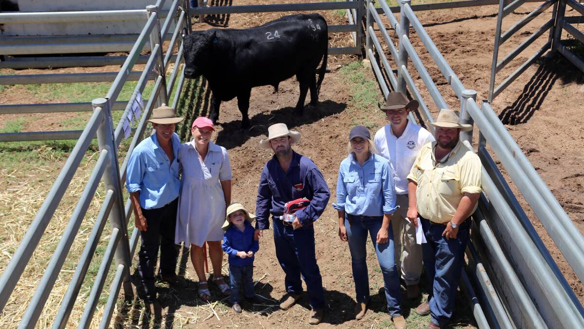 Nick and Sara Moyle, Pathfinder Angus, Paul and Jack Tindall, Darr River Downs, Elle Moyle, Pathfinder Angus, Brad Baker, Elite Livestock Auctions, and Bill Seeney, Raw White, Longreach. 