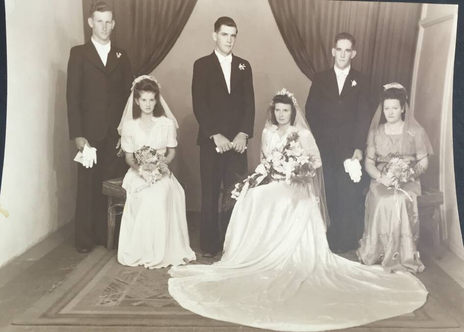 The Randell wedding party at the Carmilla Church of England on April 11 1947 (from left):
Clem Hill, Ron Connolly, Charlie and May Randell, June Hill and Marg Biddle. 