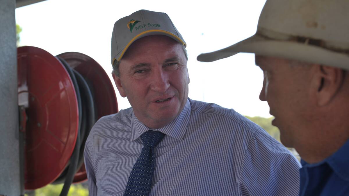 Deputy PM Barnaby Joyce talks with TopX Gracemere's Brad Mulvihill at the saleyards today. 