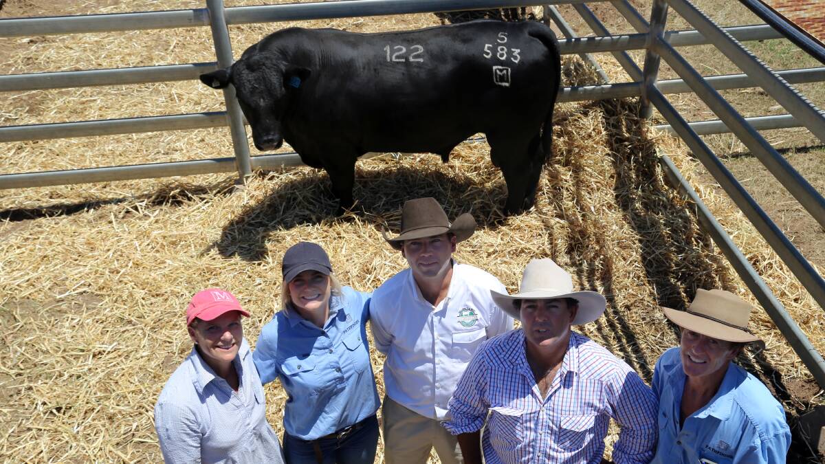 Sara and Elle Moyle, Pathfinder Angus, Brad Baker, Elite Livestock Auctions, Paul Tindall, Darr River Downs, Longreach, and Nick Moyle, Pathfinder Angus. 