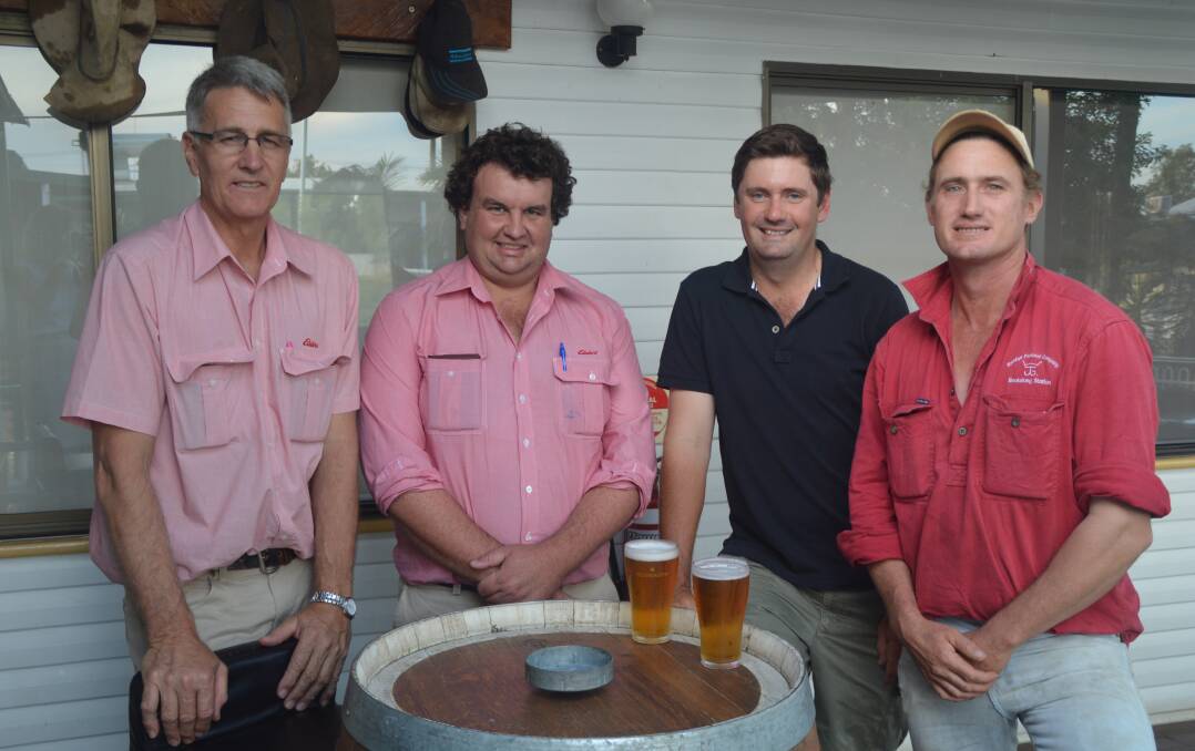 Fresh ideas: Rob Inglis, Elders livestock production manager, Brett Smith, Elders district wool manager, Ben Wilson, Wilgunya, Dirranbandi, and James Robertson, Bookalong, Dirranbandi, discussed management practices at Wednesday's sheep meeting.