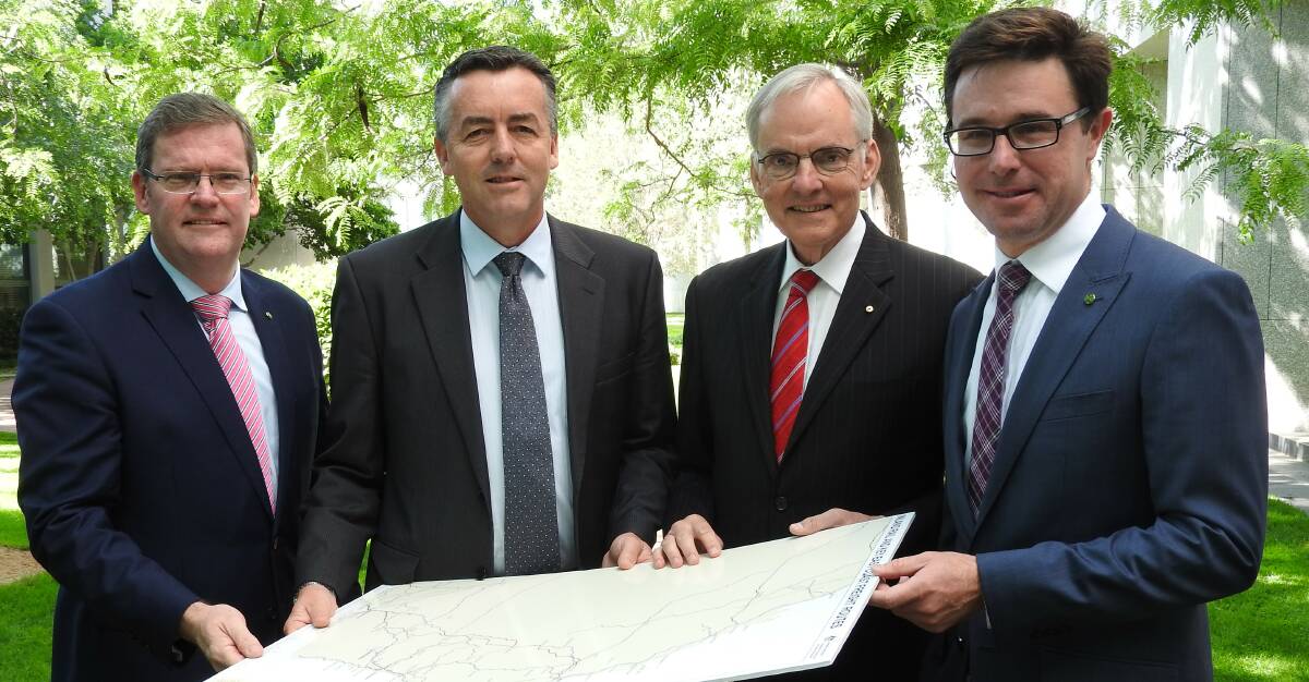ON TRACK: Queensland’s Inland Rail inquiry chair Bruce Wilson AM (second from right), with federal member for Groom, John McVeigh, infrastructure minister Darren Chester, and federal member for Maranoa, David Littleproud.