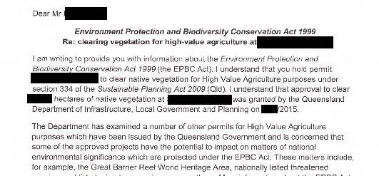 A portion of the letter sent to landholders by the federal Department of Environment.