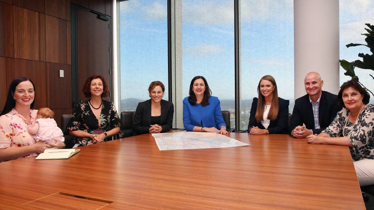 REGIONAL REPRESENTATIVES: Premier Annastacia Palaszczuk and Deputy Premier Jackie Trad meeting with Assistant Ministers (from left) Brittany Lauga, with baby Odette, Jennifer Howard, Meaghan Scanlon, Glenn Butcher and Julieanne Gilbert.
