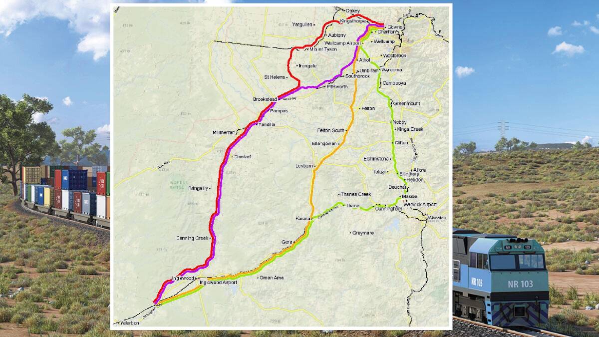 POSSIBLE ROUTES: Red - Yelarbon through Millmerran. Yellow - through Karara and Leyburn. Green - route closer to Warwick. Purple - connection to the Charlton and Wellcamp areas. Map - ARTC