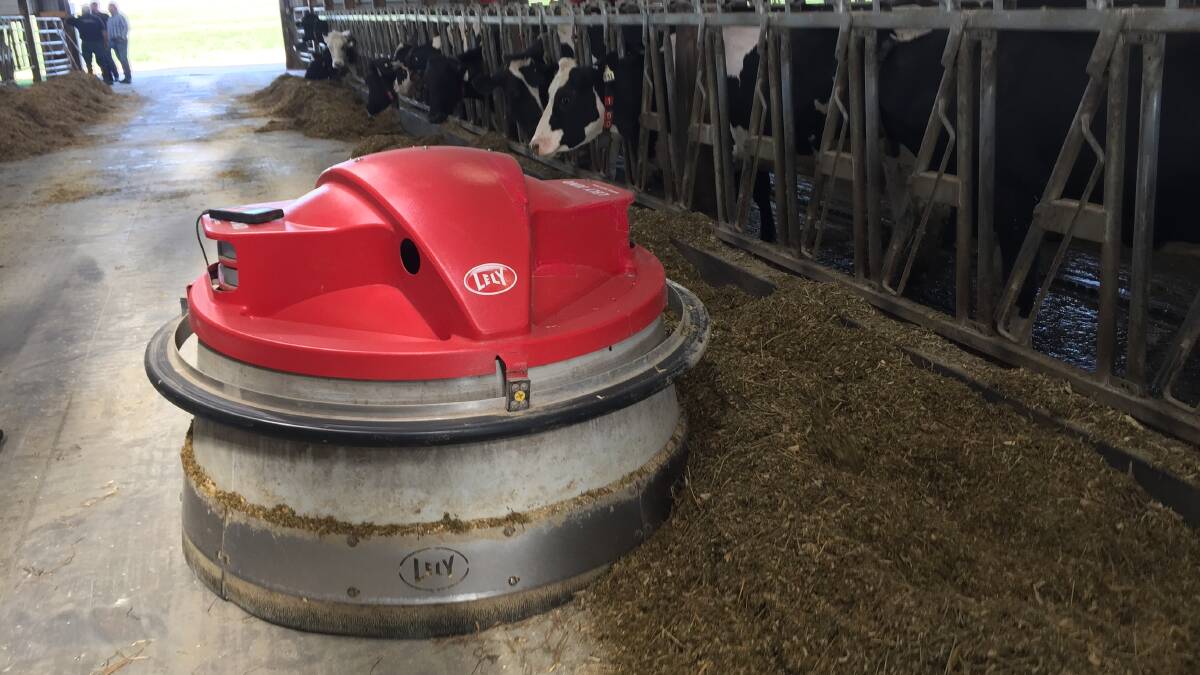 A Lely robot is used to keep the feed ration up to the cows.