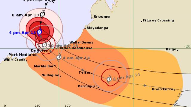 Ilsa is now at highest-severity category five system with winds up to 285 kilometres per hour making it the most powerful cyclone to make WA landfall since Cyclone Laurence in December 2009. Source: Bureau of Meteorology