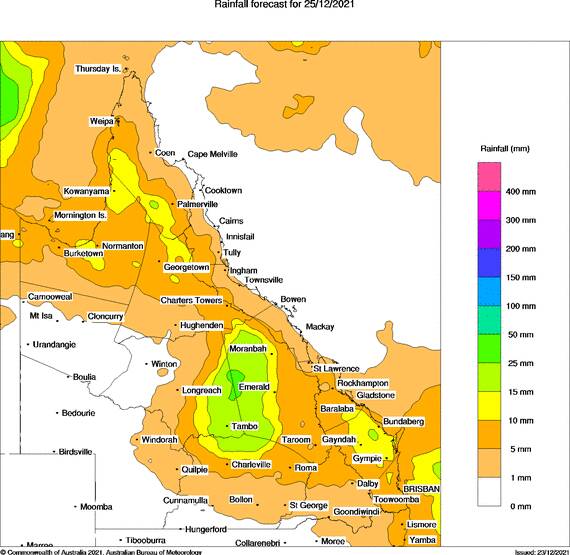 Rainfall prediction for Christmas Day from the Bureau of Meteorology. 