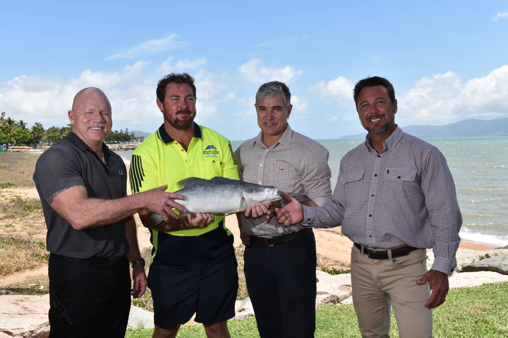C Bar Café and Restaurant owner Allan Pike, Townsville barramundi farmer Tim Bade with Robbie Katter MP, and Nick Dametto MP at the launch of the Seafood Country-of-Origin Labelling Bill.