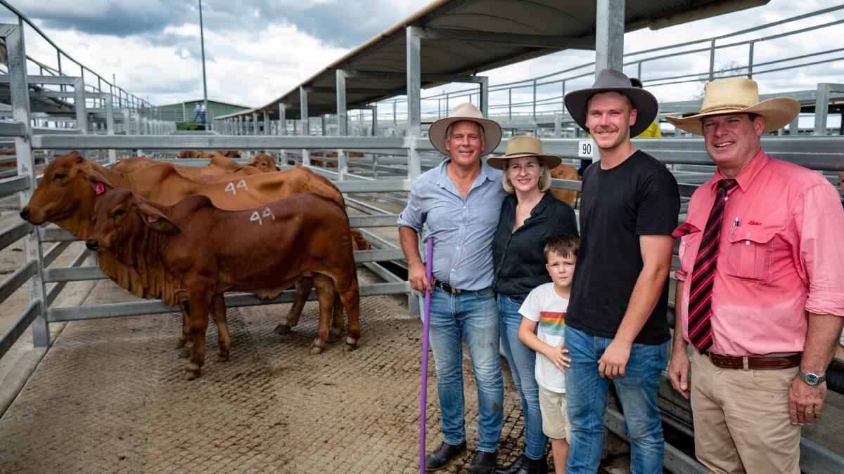 Sale topper Firefly Aspen with heifer calf at foot. Pictured with vendor Bernie, Bronwyn, Thomas and Axel Schneider, Firefly Brahman stud, Tipperary, NSW, and Michael Smith, Elders. Pictures by Brandon Long
