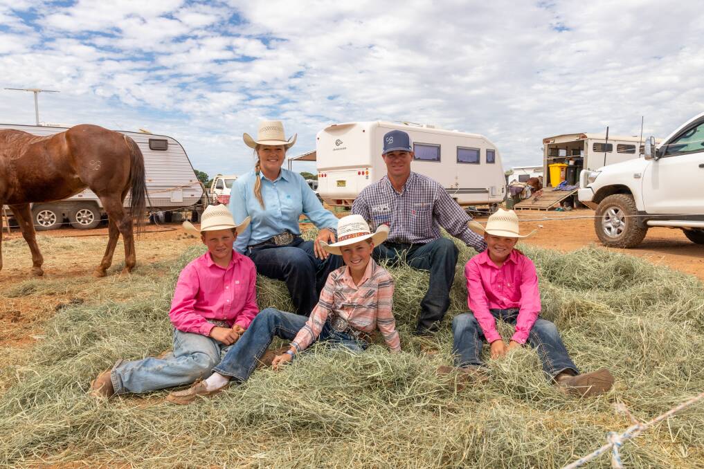 Cruz, Brooke, MJ, Stephen and Cooper Mapp made the 2000 kilometre trek from New South Wales to compete in the 2022 Mount Isa Mines Rodeo. Picture: Zoe Thomas. 