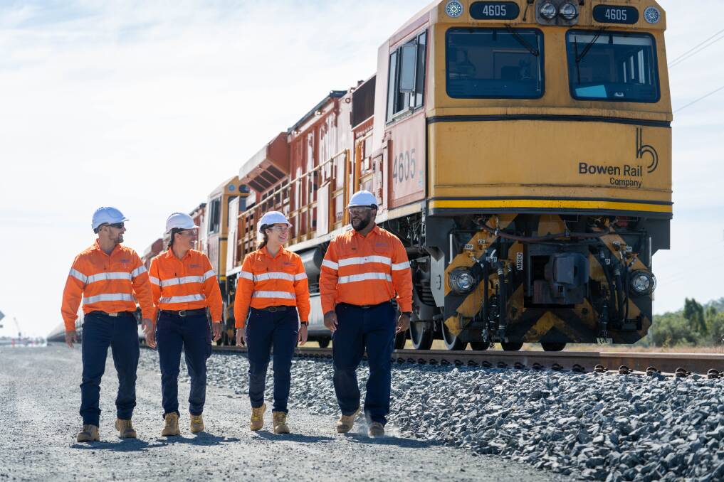New BRC trainee train drivers Taylor Paul, Maleisha Leo, Ebony Geddes, and Zane Prior at Bowen Rail Company's local provisioning yard. Picture: Bowen Rail Company. 