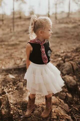 Daughter Sadie wearing the Buck Wild Country kids range. Picture: Vicki Miller Photography. 