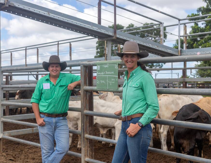 Nutrien Ag Solutions Charters Towers livestock agents Brent Williams and Caitlyn McPhee with a pen of Charters Towers vendors Ricky Burgess and Danielle Brazier 21 Brahman cross steers that sold for 668c/kg. Photo: Zoe Thomas. 