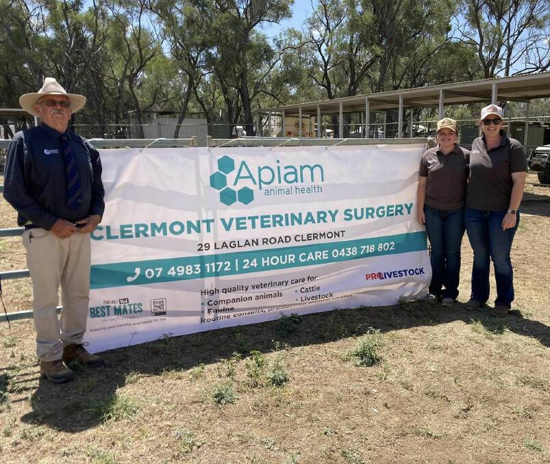 Dr Alan Guilfoyle has worked as a track veterinarian and race caller at the Twin Hills Races, Rodeo and Campdraft event for more than 30-years. Seen here with Clermont Veterinary Surgery equine nurse Emma Harvey and veterinarian Dr Bri Brooks. Picture supplied. 