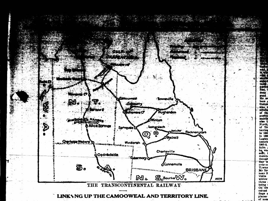 A map of the transcontinental railway lines across Queensland. This map was published in a 1915 edition discussing the linkage of the Camooweal and Territory lines. Picture: File. 