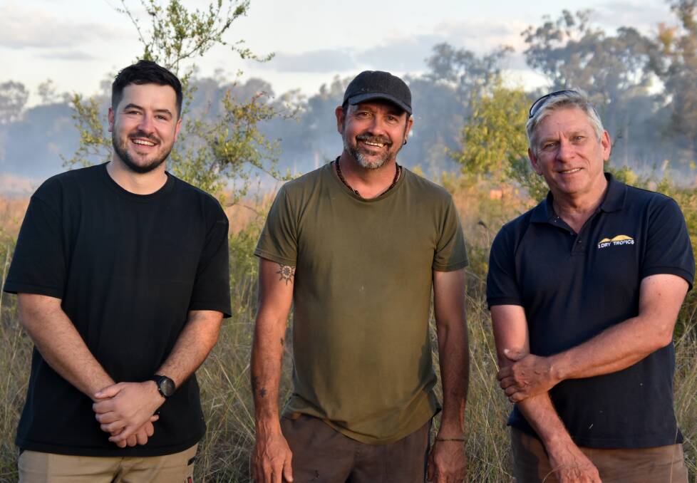 WWF-Australia Indigenous fire coordinator, Ben Kitchener, Victor Steffensen and NQ Dry Tropics CEO, Scott Crawford at the first cool winter burn on Gugu Badhun Country. Picture supplied by NQ Dry Tropics. 