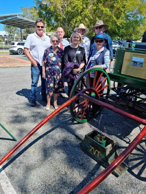 Richard Ainsworth, Ian Shannon, Wayne Shannon and John Leigh with Margaret Shannon, Janine Ainsworth and Leslie Leigh, who gathered in Nebo last weekend to celebrate the 150 year anniversary of Saltbush Park. Seen here with Margaret Shannon's restored buggy. Picture supplied by Ian Shannon. 